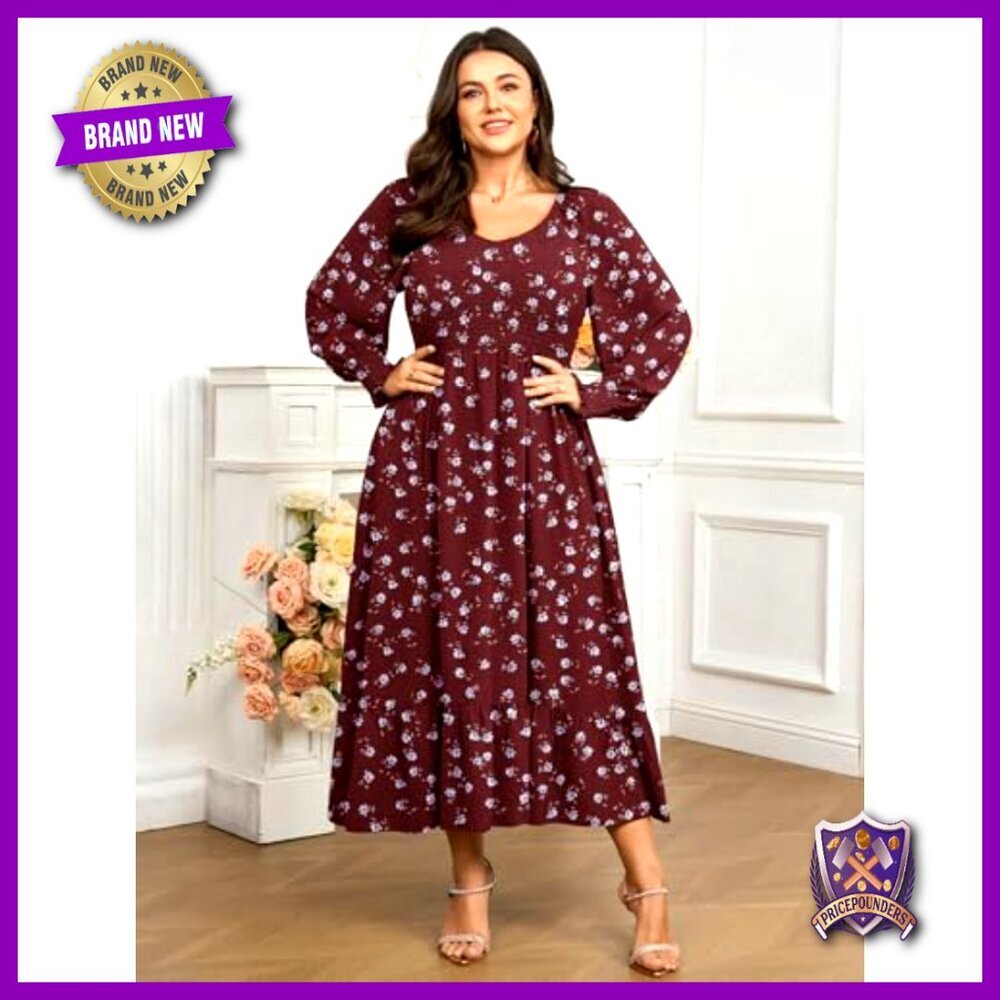 Plus Size Maxi Dress Long Sleeve Square Neck Smocked Ruffle Swing Flowy - Picture 6 of 7